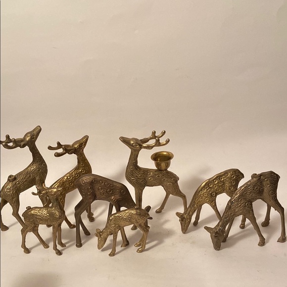 Group of 8 VTG Brass Deer Figurines Xmas Decoration Candle Holders (as is)